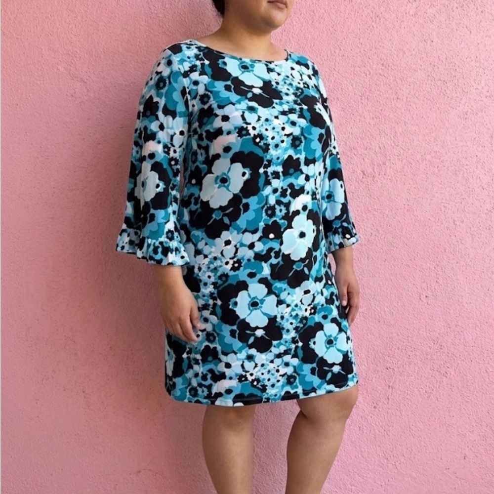 Michael Kors Blue and Black Floral Long Sleeve Dress